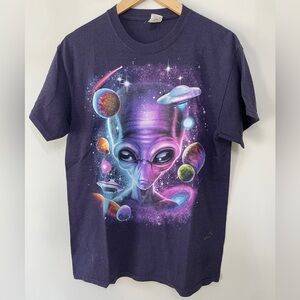 Vintage Y2K Gildan Aliens In Space T-Shirt Tee Purple Psychedelic Unisex M